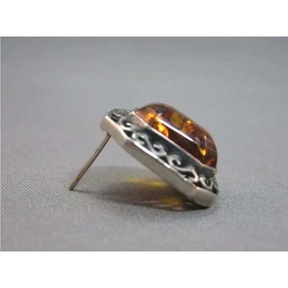 Medium Rectangle Sterling Silver Amber Post Earri… - image 2